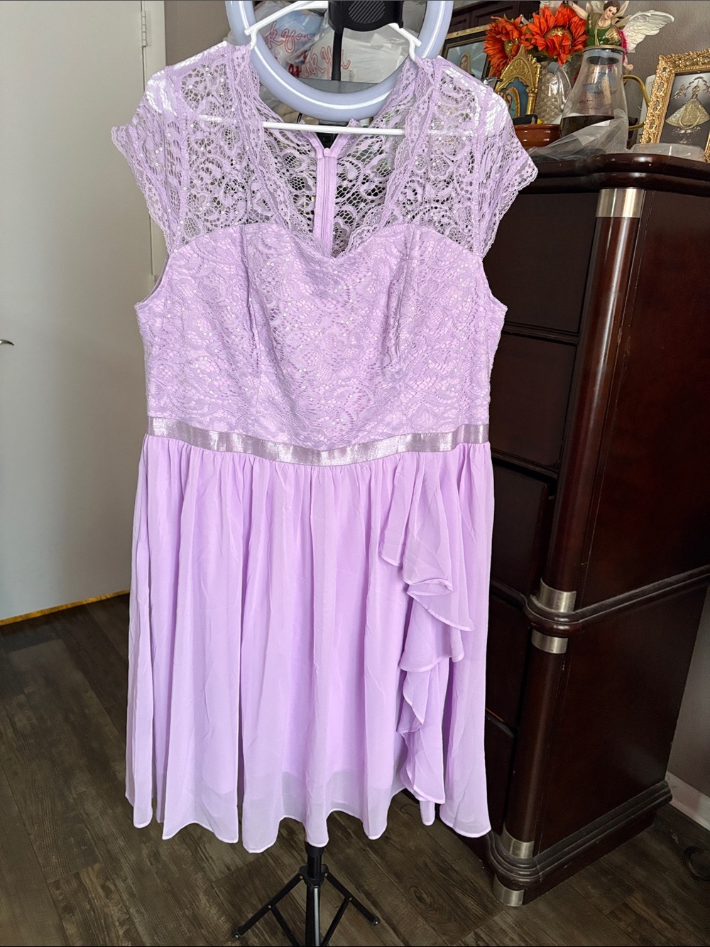 Lavender Lace & Chiffon Cap-Sleeve Formal Dress